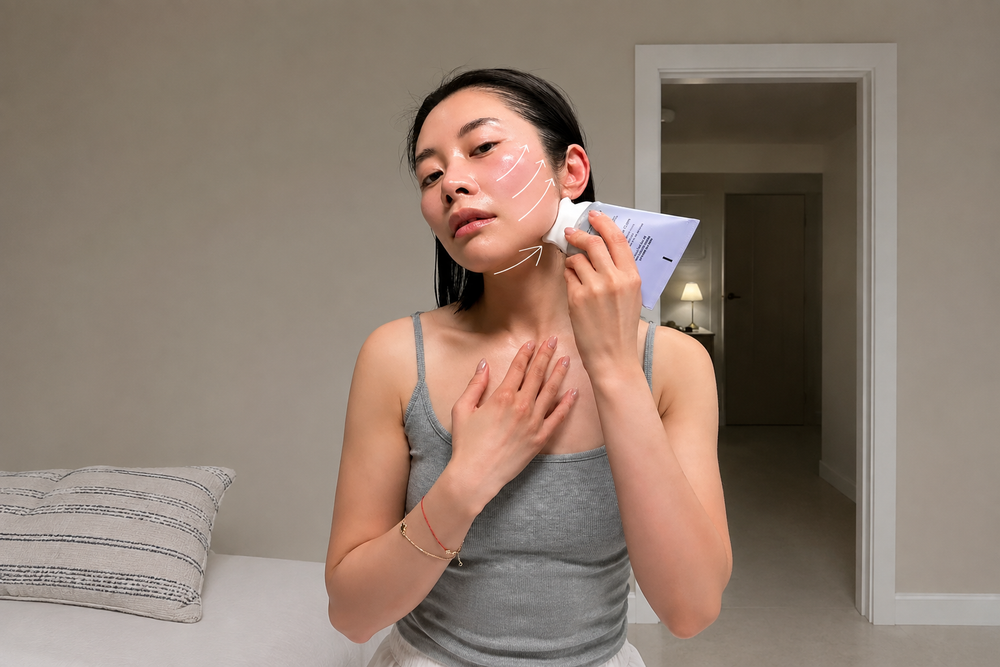Mujer mirando su mandíbula y cuello en el espejo