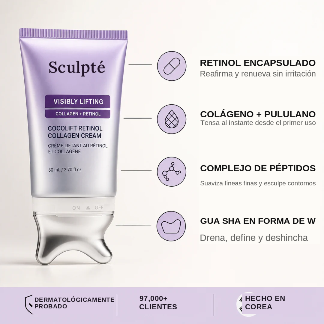 Beneficios de Sculpté: retinol encapsulado, colágeno con pululano, complejo de péptidos y cabezal gua sha en forma de W