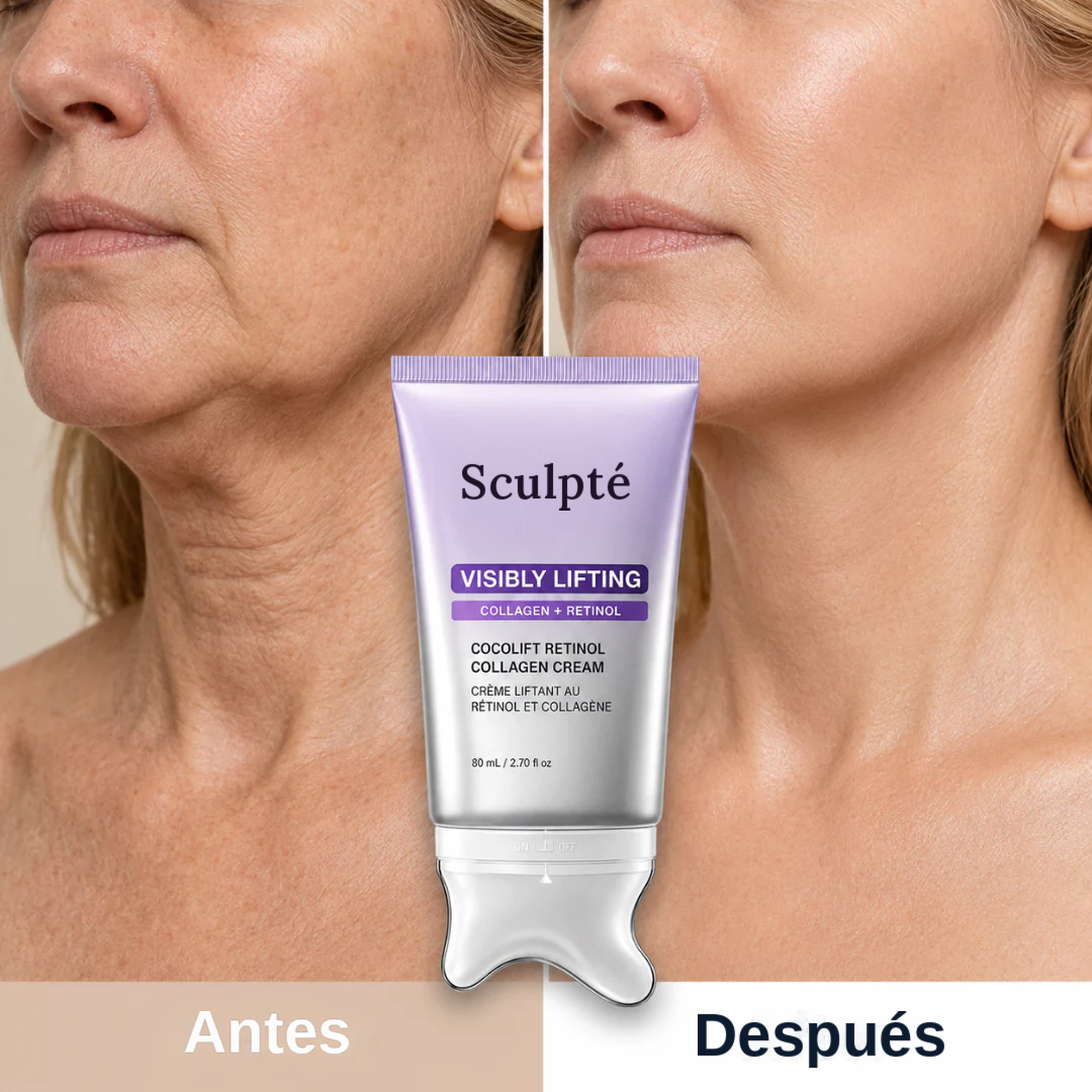 Antes y después de usar Sculpté en rostro y cuello de una mujer madura, con el tubo de crema al centro