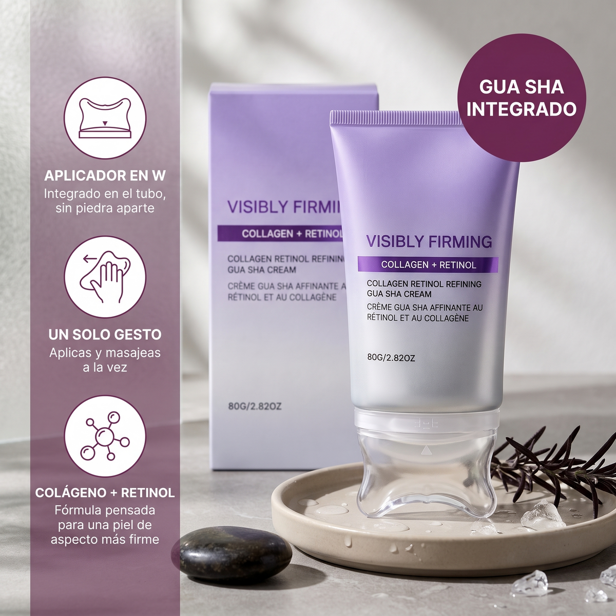 Tubo de crema con gua sha integrado en forma de W: aplicador, un solo gesto, colágeno y retinol