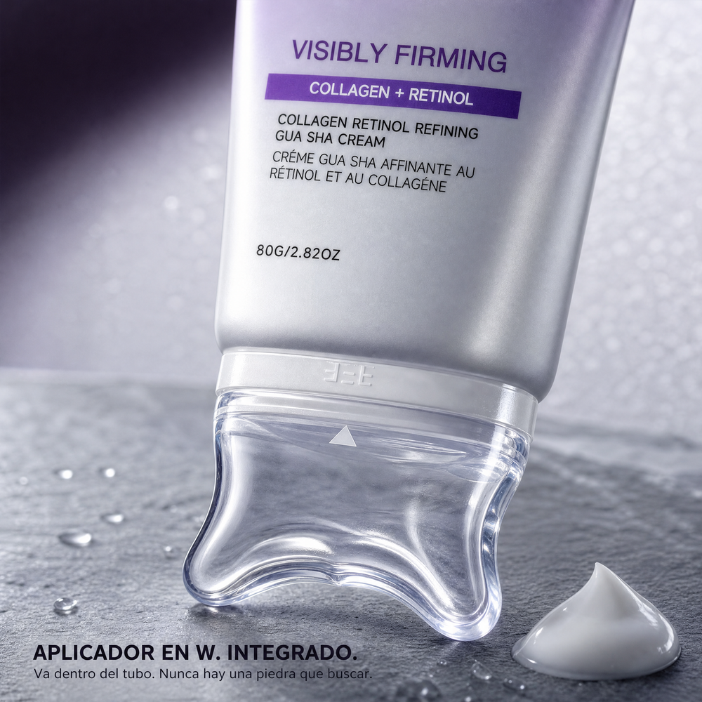 Primer plano del aplicador transparente en W integrado en el tubo, con una porción de crema junto a él
