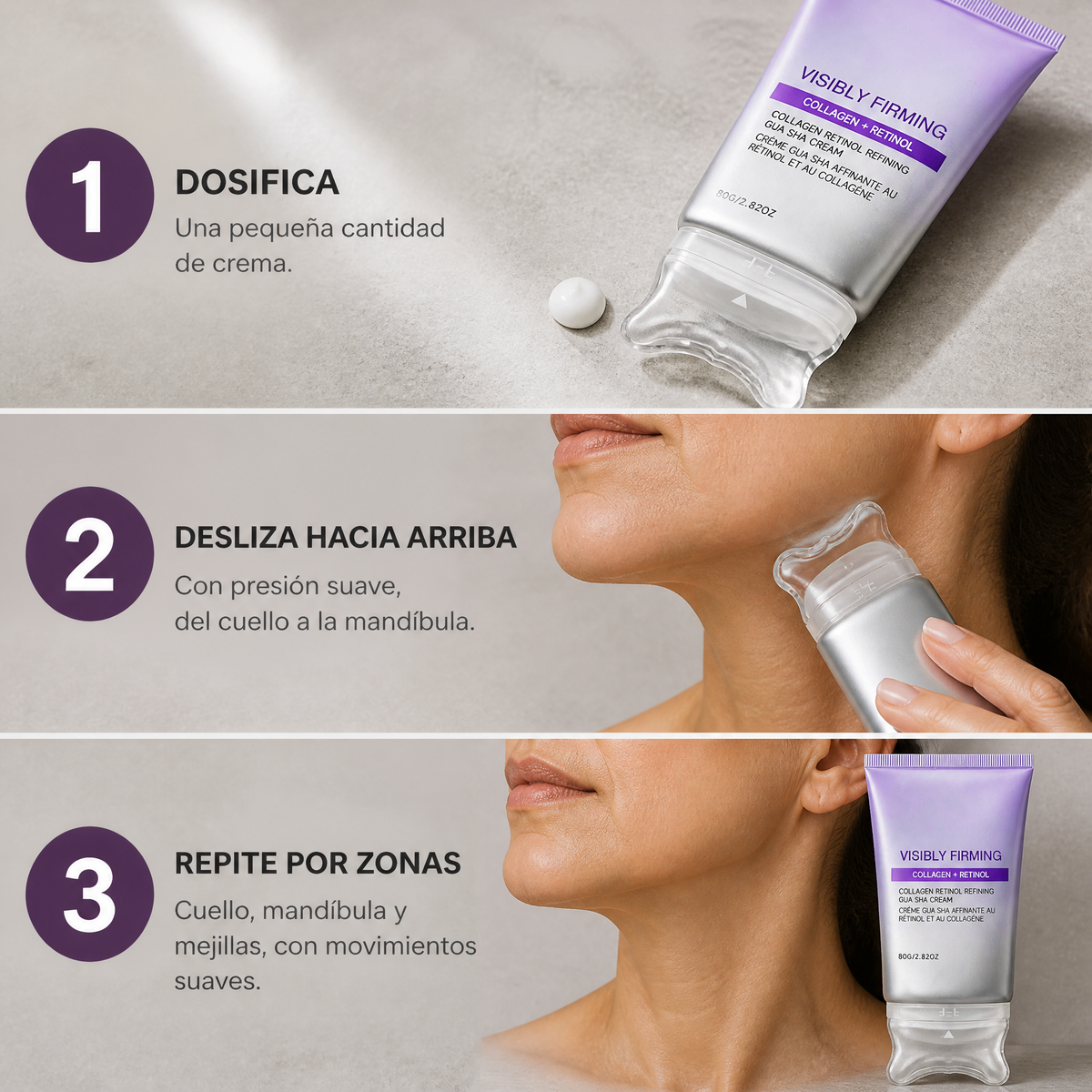 Tres pasos de uso: dosifica, desliza hacia arriba y repite por zonas